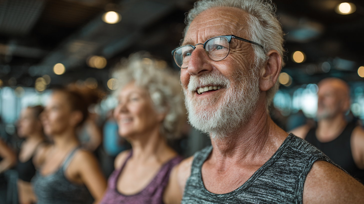 Група літніх людей займається фітнесом на свіжому повітрі з усмішками та позитивною енергією